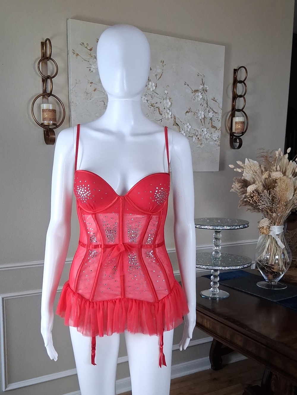 Victoria's Secret Runway Red Push-up Crystals Corset Garter Mini Dress Sexy 34C - Picture 6 of 16